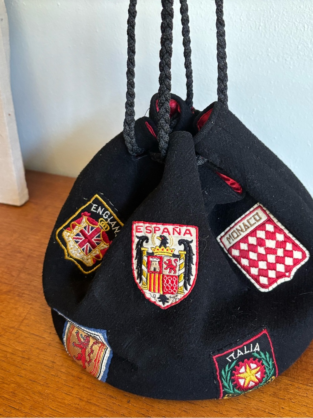 Vintage Mid Century Wool European Travel Patch Bag Drawstring Silk Lined Purse